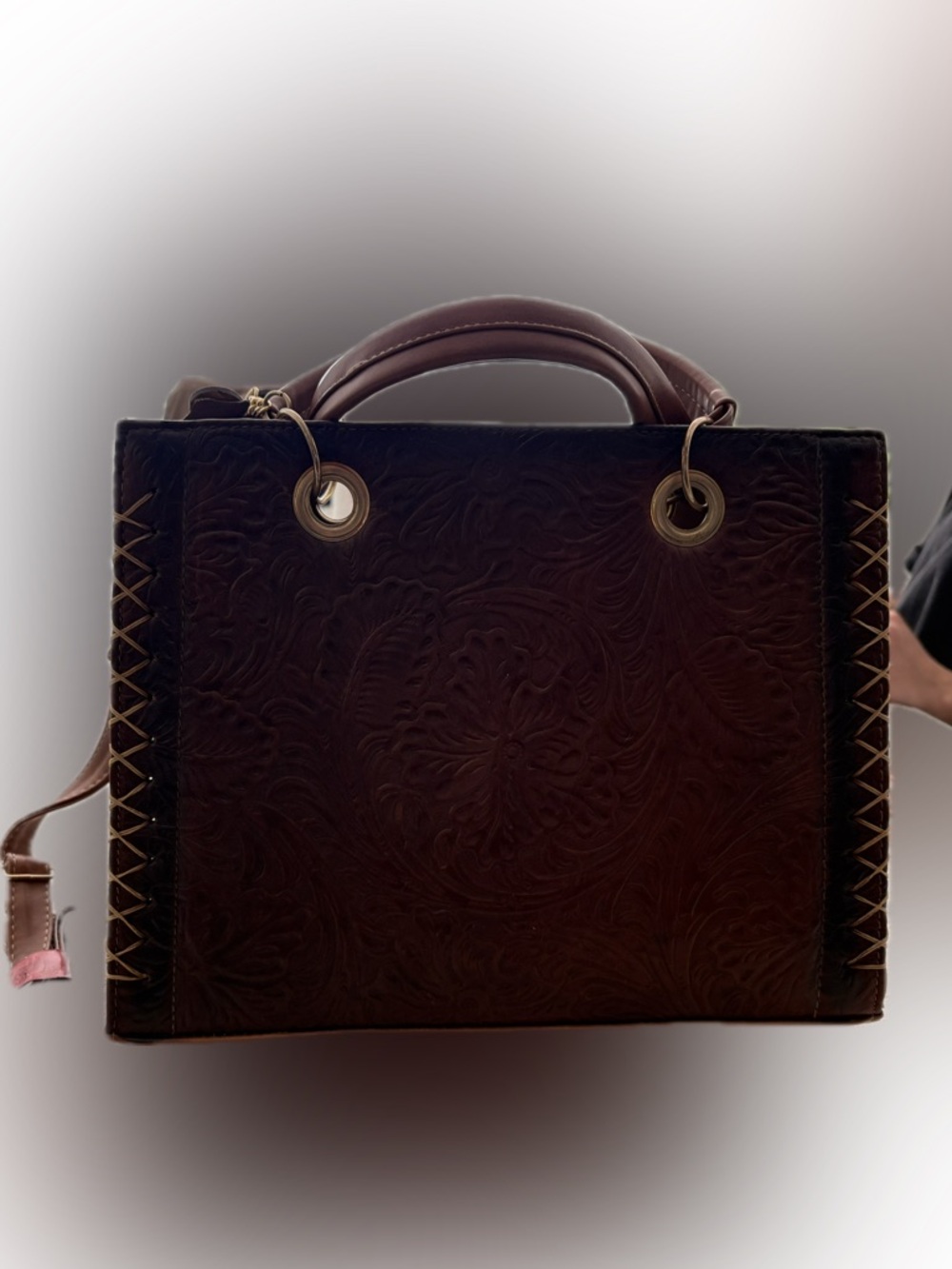 Embossed Dark Brown Leather Tote Bag